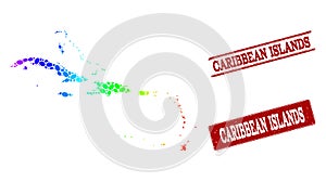 Dotted Spectrum Map of Caribbean Islands and Grunge Stamp Seals