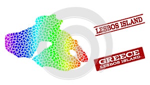 Dotted Spectrum Map of Lesbos Island and Grunge Stamp Seals