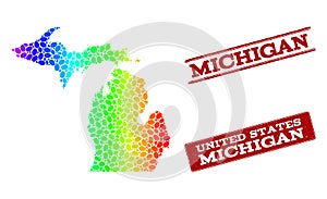 Dotted Spectrum Map of Michigan State and Grunge Stamp Seals