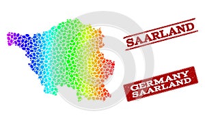 Dotted Spectrum Map of Saarland State and Grunge Stamp Seals