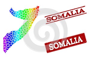 Dotted Spectrum Map of Somalia and Grunge Stamp Seals