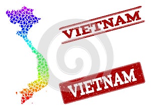 Dotted Spectrum Map of Vietnam and Grunge Stamp Seals