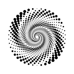 Dotted spiral element. Radial spinning halftone form. Circle swirl dots shape. Abstract geometric background for poster