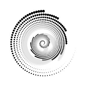 Dotted spiral lines element. Radial spinning halftone form. Circle swirl dots shape. Abstract geometric background for