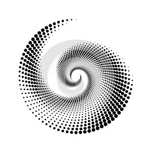 Dotted spiral lines element. Radial spinning halftone form. Circle swirl dots shape. Abstract geometric background for