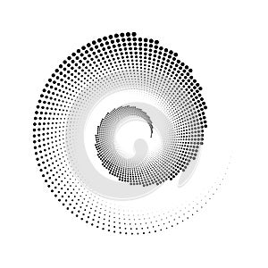 Dotted spiral lines element. Radial spinning halftone form. Circle swirl dots shape. Abstract geometric concept for