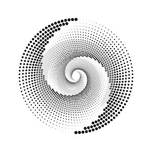 Dotted spiral lines element. Radial spinning halftone form. Circle swirl dots shape. Abstract halftone geometric