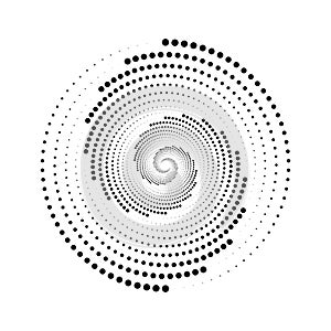 Dotted spiral lines element. Radial spinning halftone texture. Circle swirl dots shape. Abstract geometric background