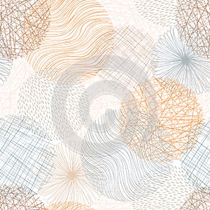 Dotted and striped modern elements in orange and gray colors. Hand drawn seamless pattern. Abstract circle textures with