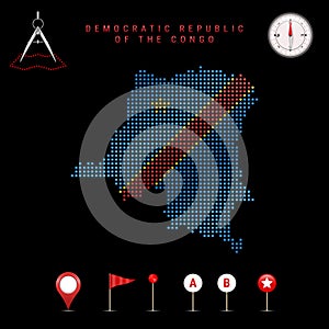 Dotted vector map of Democratic Republic of the Congo painted in the national flag colors. Map tools icon set