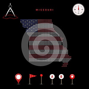 Dotted vector map of Missouri painted in the american flag colors. Waving flag effect. Map tools icon set