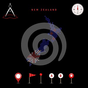 Dotted vector map of New Zealand painted in the national flag colors. Waving flag effect. Map tools icon set