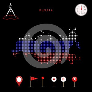 Dotted vector map of Russia painted in the national flag colors. Waving flag effect. Map tools icon set