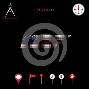 Dotted vector map of Tennessee painted in the american flag colors. Waving flag effect. Map tools icon set