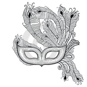 Dotted Venetian carnival mask Colombina with outline peacock feathers in black on white background.