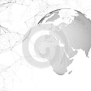 Dotted world globe with chemistry pattern, connecting lines and dots.