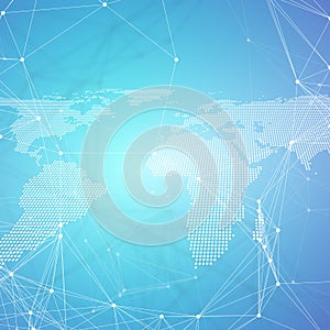 Dotted world map with chemistry pattern, connecting lines and dots. Molecule structure on blue. Scientific medical DNA