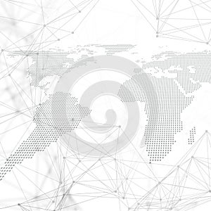 Dotted world map with chemistry pattern, connecting lines and dots. Molecule structure on white. Scientific medical DNA