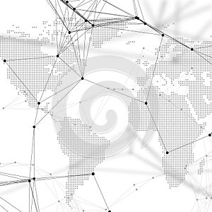 Dotted world map with chemistry pattern, connecting lines and dots. Molecule structure on white. Scientific medical DNA