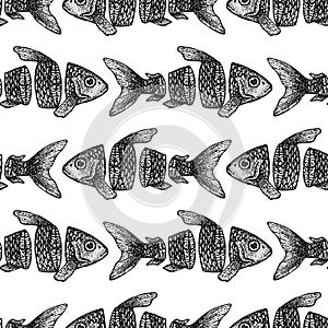 Dotwork Sliced Fish Seamless Pattern