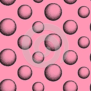 Dotwork spheres seamless pattern background. Noise stipple dots texture. Dotted vector