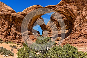 Double Arch showing desert varnish in Arches National Park, Moab, Utah