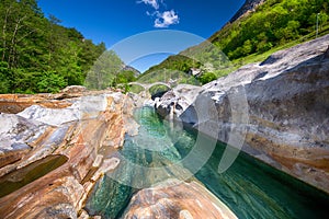 Double arch stone bridge at Ponte dei Salti with waterfall, Lavertezzo, Verzascatal, Ticino, Switzerland