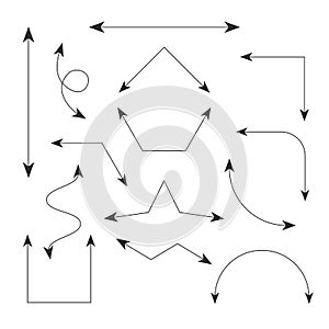 Double arrow set icons with dashed editable stroke and movable endpoint. Geometric arrows for shemes, drawings infographics. Stock