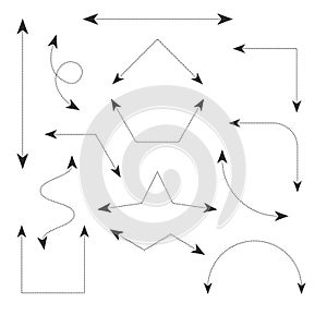 Double arrow set icons with dashed editable stroke and movable endpoint. Geometric arrows for shemes, drawings infographics. Stock