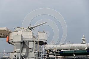 A double-barreled anti-aircraft gun on a historic warship.