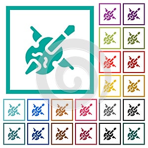 Double bass and bow solid flat color icons with quadrant frames