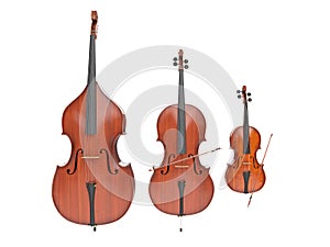 Double bass, violin and cello isolated on white