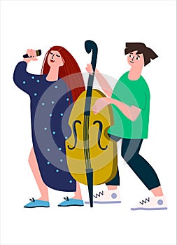Double bass and vocal duet performance. Vector illustration in flat style