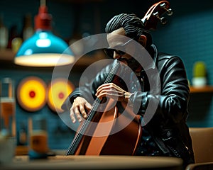 Double bassist playing live jazz in a dimly lit bar, rich wood tones, and a relaxed, intimate vibe photo