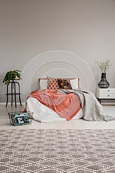 Double bed with bedding, pillows and blanket between bedside table with flower in vase and plant in pot on the small table