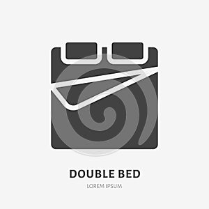 Double bed flat glyph icon. Bedding sign. Solid silhouette logo for interior store