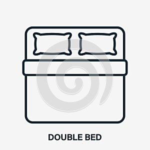 Double Bed Line Icon. Pillow and Blanket Outline Pictogram. Bedding Linear Icon. Top view. Size of Bed. Logo for