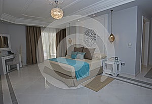 Double bed in a luxury suite of a hotel room