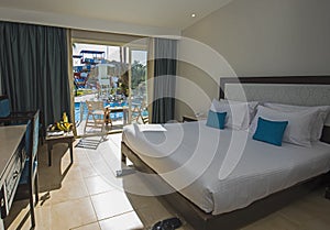 Double bed in a luxury suite of a hotel room