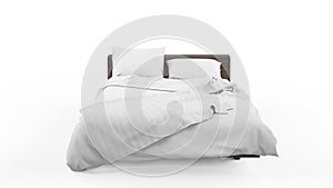 Double bed with white bedding and an extra bedspread isolated on a white background