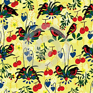 Double bird bleeding heart seamless pattern