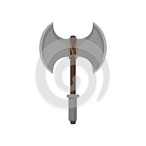 Double-bladed battle axe with wooden handle. Dangerous weapon. Viking arms. Flat vector icon