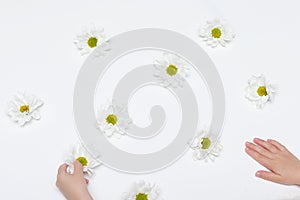Double border of white daisy flower paper decorations. Top view over a rustic white wood banner background. Copy space