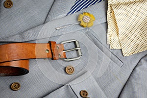 Double breasted button suit, grey plaid texture