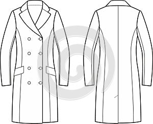 Double breasted coat flat sketch. Classic overcoat apparel design. Front and back. photo