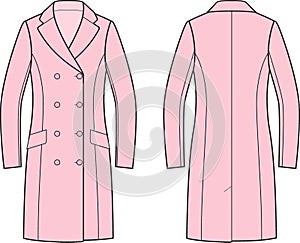 Double breasted coat flat sketch. Classic overcoat apparel design. Front and back. photo