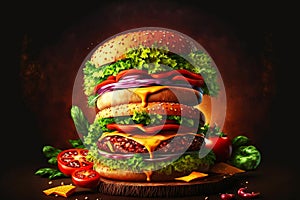 Double burger with cheese, onion and beef for large portion of fast food