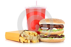 Double burger hamburger and fries menu meal combo drink isolated