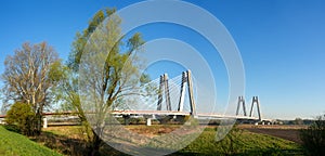 Double cable-stayed bridge over the Vistula river in Krakow, Poland