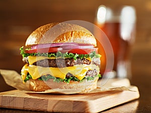 Double cheese burger with beer